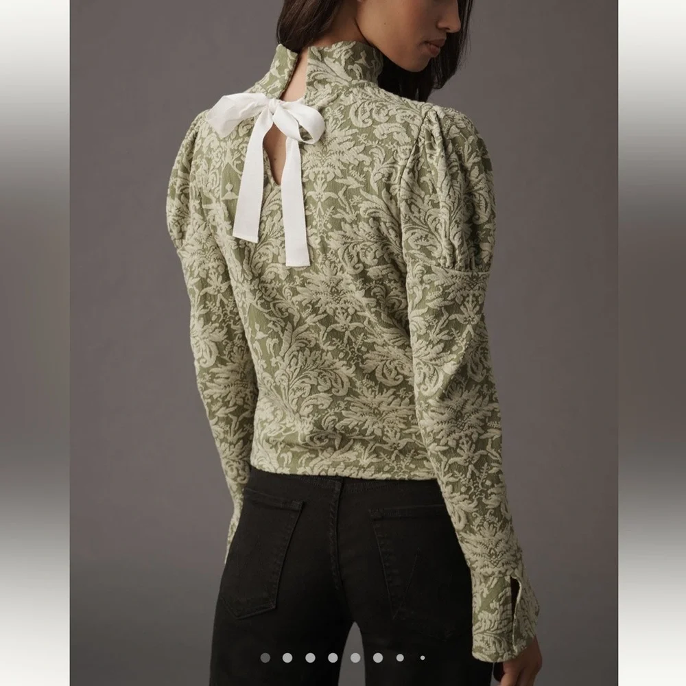 Anthropologie Puff Sleeve Turtleneck Jacquard Top Green Floral Ribbon Medium